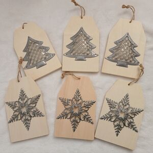 Set of 6 Natural Wooden Christmas Ornaments Tags Whit Metal Accents Farmhouse